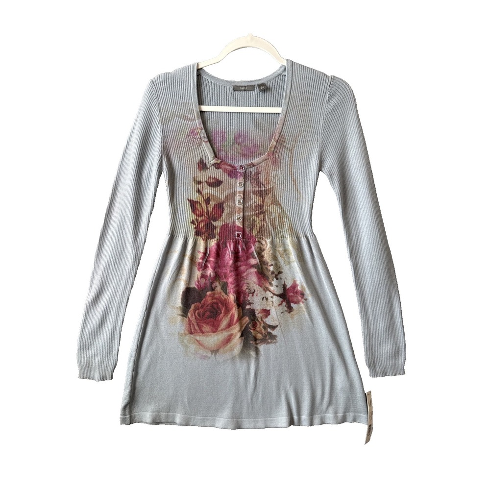 Y2K Fairycore Grunge Apt 9 NWT Blue Floral Babydoll Henley Tunic Top L Coquette